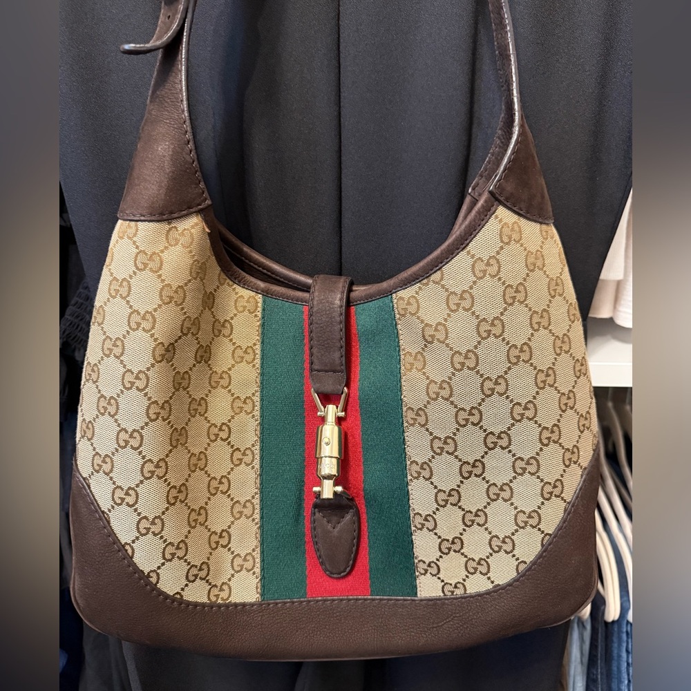 Gucci Sherry line Brown Jackie Hobo Bag with Signature Design canvas & suede